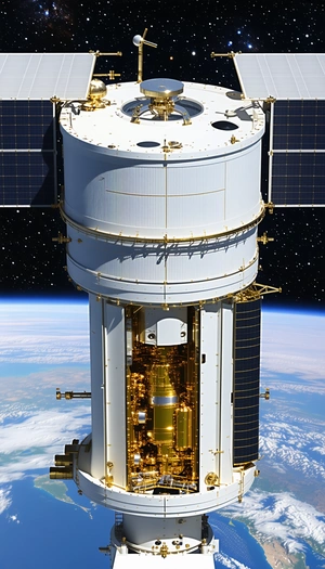 A Large White Spacecraft With A Gold Dome On Top, Floating In The Sky