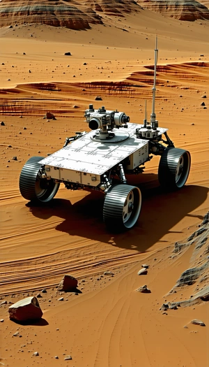 A White Robotic Vehicle, Possibly A Rover, Driving Across A Sandy Terrain