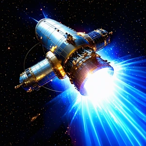 A Spacecraft With A Blue And Gold Color Scheme, Flying Through The Night Sky
