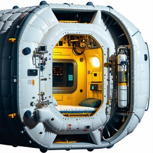 A Large, White, Inflatable Spacecraft With A Hatch Door Open