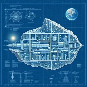 The Image Is A Blueprint Of A Space Station, Featuring A Large Rock In The Center