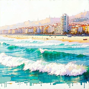 Urban Pastel Drawing: Cityscape of coastal city during midday