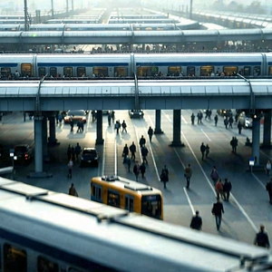 Urban Lithograph: Aerial view of transportation hub