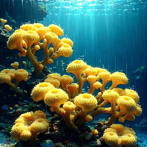 Nature Blueprint Style: Coral Reef In Rainy Season With Vibrant Underwater