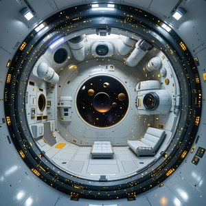 In The Image, There Is A Large, White Spacecraft With A Round Window In The Center
