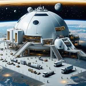 A Large White Building With A Dome-shaped Roof, Resembling A Space Station Or A Futuristic Structure