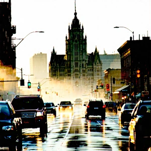Urban Hdr Photography: Famous (building:1.28) With (rain:1.3)-slicked Streets With City Street