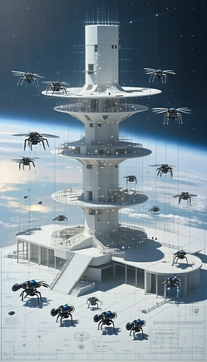 A Large White Tower With A Spiral Staircase Is Surrounded By A Multitude Of Small Black Drones