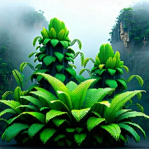 Nature Voxel Art: Tropical plants in misty environment