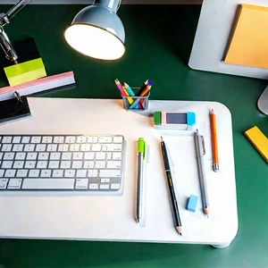 Business Aerial Photography: Workplace with productivity tools on desk