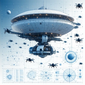 The Image Is A Futuristic Drawing Of A Large Space Station With A Central Dome