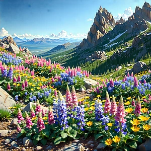 Nature Stock Photography: Wildflowers In Rocky Terrain With Beautiful Mountain