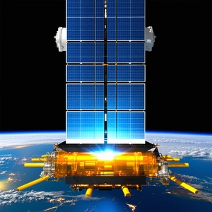 A Large Spacecraft With A Solar Panel On Top, Floating In The Sky
