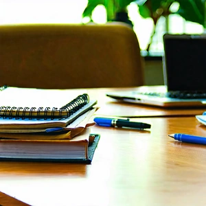 Business Macro Photography: Workplace With Notebooks And Pens On Desk With Wooden Desk
