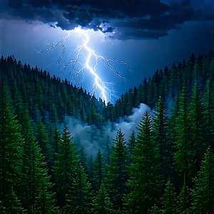 Nature Digital Art: Lightning Over Forest Clearing With Lightning Bolt