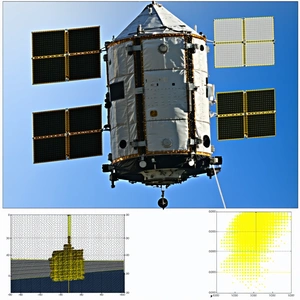 A Large Satellite Is Flying In The Sky, With A Yellow And Blue Color Scheme