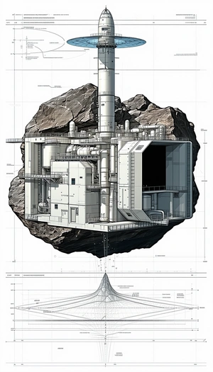A Large White Building Is Shown In A Drawing, With A Large Rock In The Foreground