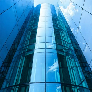 Urban Minimalist Design: Glass office tower with artistic facade