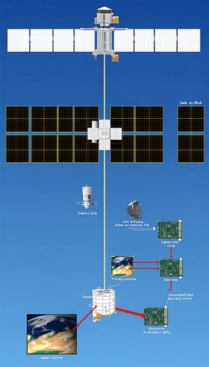 The Image Is A Blue Sky With A Satellite In The Middle Of The Frame