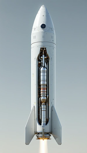 A White Rocket Is Shown In A 3d Model, With Its Engine And Fuel Tanks Visible
