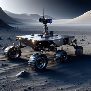 A Large Robotic Vehicle, Possibly A Rover, Parked On A Rocky Surface