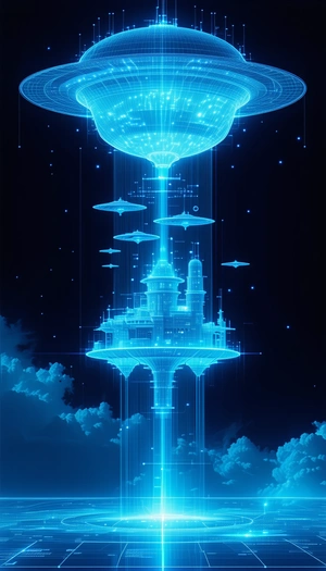 In This Image, There Is A Futuristic City With A Large Blue Tower In The Center