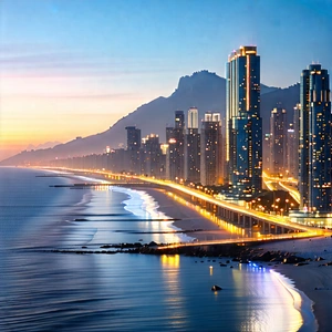 Urban Advertising Photography: Cityscape Of Coastal City During Sunrise With Beautiful Beach