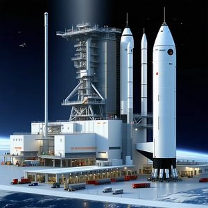 A Large White Building With A Rocket Ship Docked On Top Of It