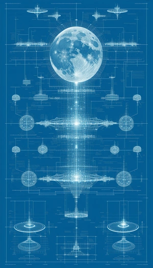 A Blue Drawing Of A Space Shuttle Is Shown, With A Moon In The Background