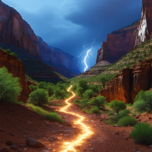 Nature Infographic Style: Lightning Over Canyon Floor With Beautiful Landscape