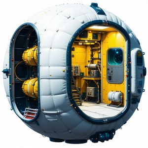 A Large White And Yellow Spacecraft Is Shown In A 3d Rendering