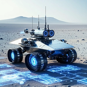 A Futuristic Robotic Vehicle With Blue Lights On Its Wheels