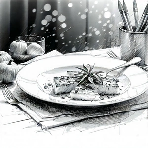 Lifestyle Pencil Sketch: Farm-to-table Meal Prepared With Organic Components With White Plate