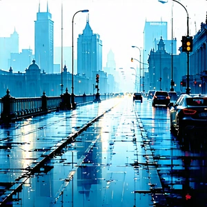Urban Lithograph: Iconic Bridge With Rain-slicked Streets With Painting City