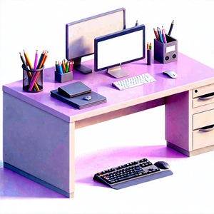 Business Isometric Design: Workplace With Modern Office Supplies On Desk With Computer Desk