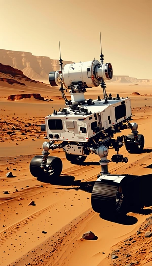 A White Robotic Vehicle With A Large Wheel On The Front, Driving Across A Desert-like Terrain