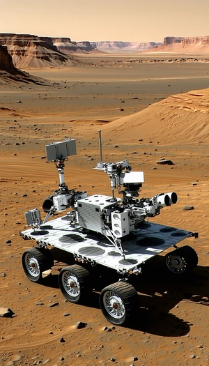 A White And Silver Robotic Vehicle, Possibly A Rover, Sitting On A Dirt Surface