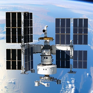 A Space Station Floating In The Sky, With A Large Dome On Top