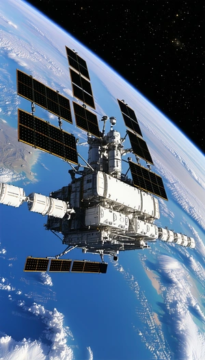 A Large Space Station Is Flying Through The Sky, With A Beautiful View Of The Earth Below