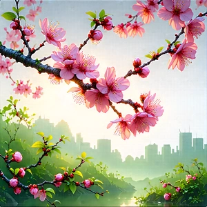 Nature Watercolor Painting: Cherry Blossoms In Natural Setting With Beautiful Tree