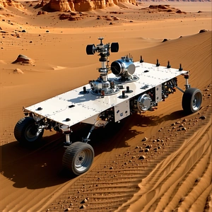 A Large, White, And Silver Vehicle With A Flatbed, Driving Across A Sandy Terrain