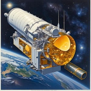 A Spacecraft, Possibly A Satellite Or A Space Shuttle, Flying Through The Sky