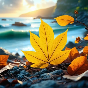 Nature Vector Art: Autumn Leaves In Coastal Environment With Beautiful Beach