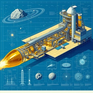 A Rocket Ship Is Shown In A Blue And White Drawing, With A Yellow Rocket Ship In The Foreground