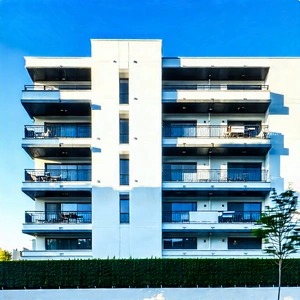 Urban Architectural Photography: Modern Apartment Complex With Minimalist (design:1.48) With Large White