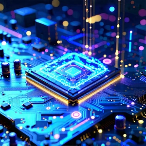 Tech Geometric Design: Circuit board with holographic projection