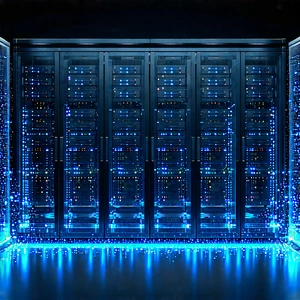 Server Rack With Digital Particles With Large Blue
