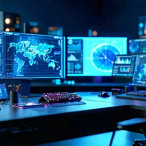 Futuristic Digital Workspace With Image, There