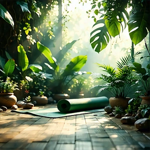Lifestyle Etching: Wellness Scene With Yoga Mat And Plants With Image, There