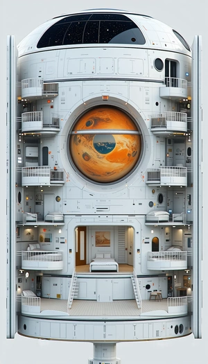 A Futuristic Space Station With A Large, Round Window In The Center Of The Structure